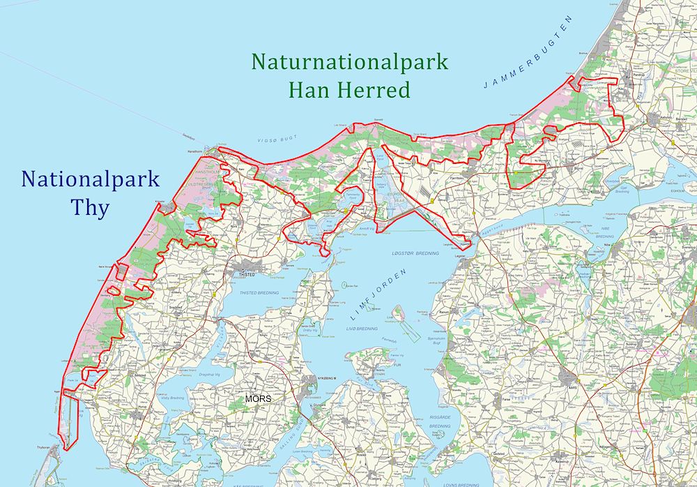 Naturnationalpark Han Herred kunne blive endnu større end Nationalpark Thy (Dette og sidens øvrige kort indeholder data fra Geodatastyrelsen, Matrikelkortet, WMS-tjeneste)